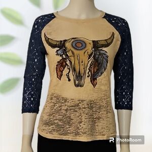 VTG SOUTHERN GRACE Floral Graphic Cow Skull Burnout Lace Rodeo Blouse